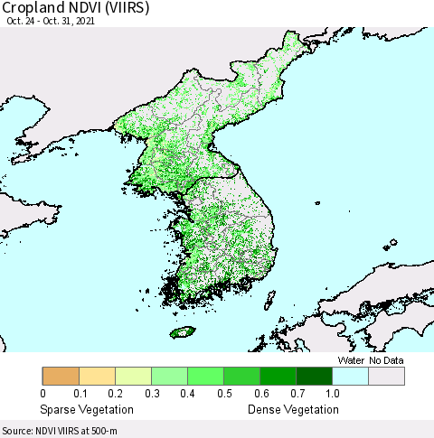 Korea Cropland NDVI (VIIRS) Thematic Map For 10/21/2021 - 10/31/2021