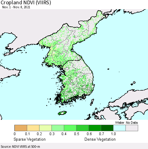 Korea Cropland NDVI (VIIRS) Thematic Map For 11/1/2021 - 11/8/2021