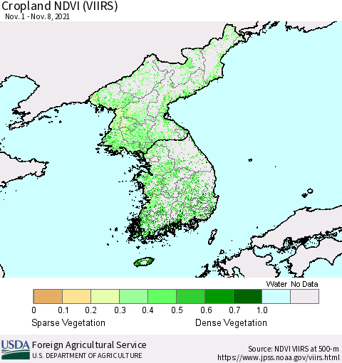 Korea Cropland NDVI (VIIRS) Thematic Map For 11/1/2021 - 11/10/2021