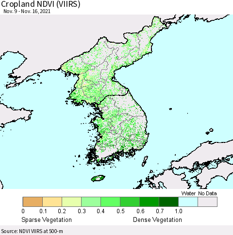 Korea Cropland NDVI (VIIRS) Thematic Map For 11/9/2021 - 11/16/2021