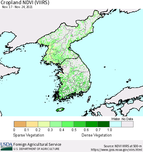 Korea Cropland NDVI (VIIRS) Thematic Map For 11/21/2021 - 11/30/2021