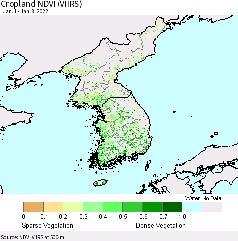 Korea Cropland NDVI (VIIRS) Thematic Map For 1/1/2022 - 1/8/2022