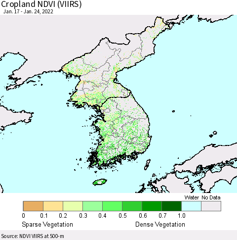 Korea Cropland NDVI (VIIRS) Thematic Map For 1/17/2022 - 1/24/2022