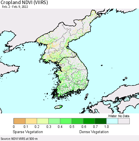 Korea Cropland NDVI (VIIRS) Thematic Map For 2/2/2022 - 2/9/2022