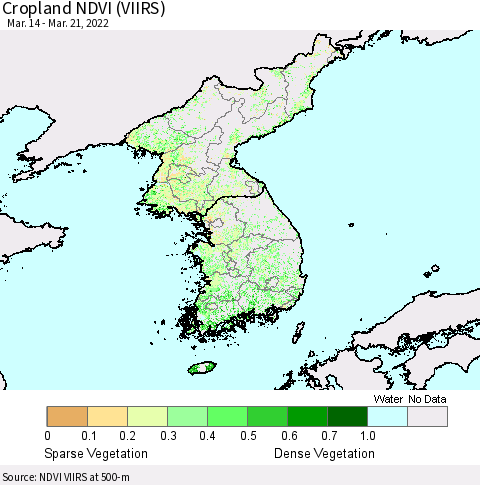 Korea Cropland NDVI (VIIRS) Thematic Map For 3/14/2022 - 3/21/2022