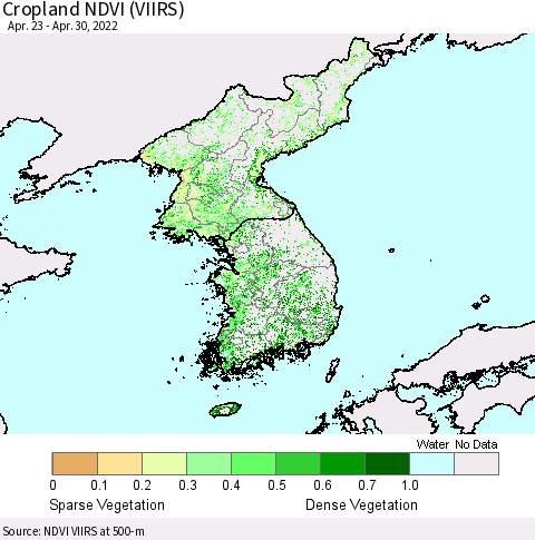 Korea Cropland NDVI (VIIRS) Thematic Map For 4/21/2022 - 4/30/2022