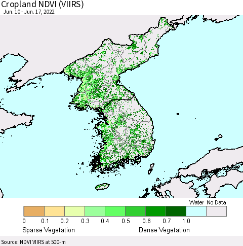 Korea Cropland NDVI (VIIRS) Thematic Map For 6/10/2022 - 6/17/2022