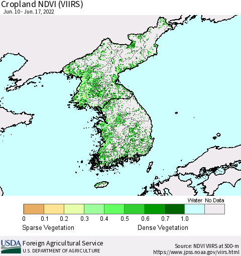 Korea Cropland NDVI (VIIRS) Thematic Map For 6/11/2022 - 6/20/2022