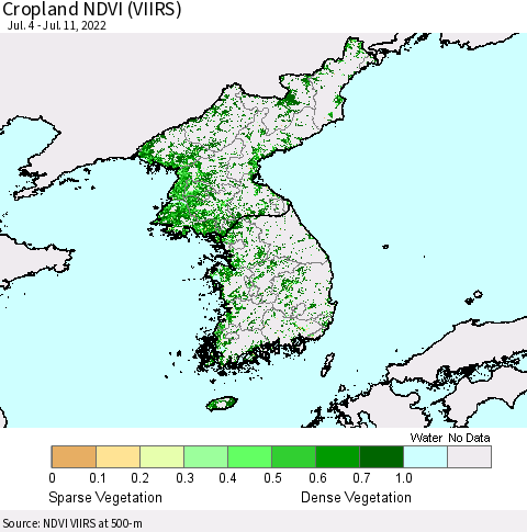 Korea Cropland NDVI (VIIRS) Thematic Map For 7/4/2022 - 7/11/2022