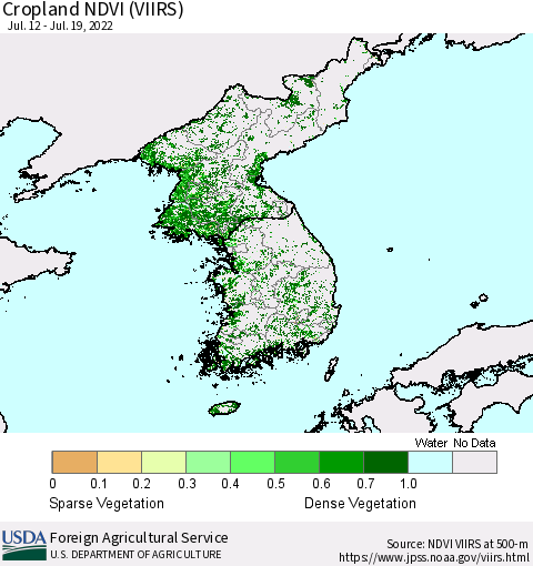 Korea Cropland NDVI (VIIRS) Thematic Map For 7/11/2022 - 7/20/2022