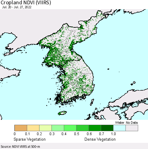 Korea Cropland NDVI (VIIRS) Thematic Map For 7/20/2022 - 7/27/2022