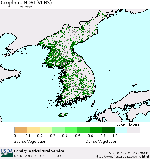 Korea Cropland NDVI (VIIRS) Thematic Map For 7/21/2022 - 7/31/2022