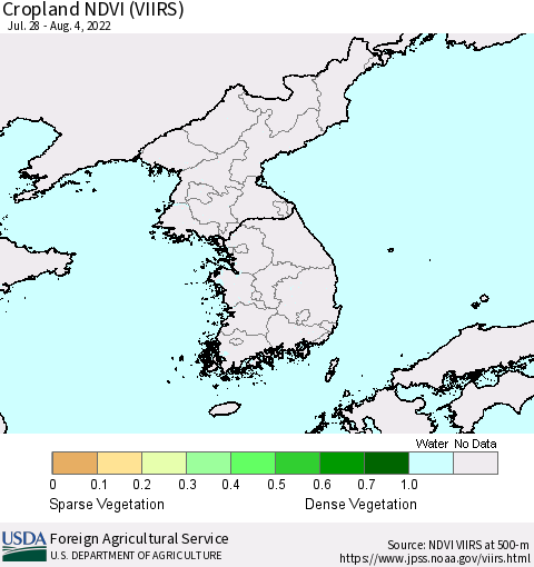 Korea Cropland NDVI (VIIRS) Thematic Map For 8/1/2022 - 8/10/2022
