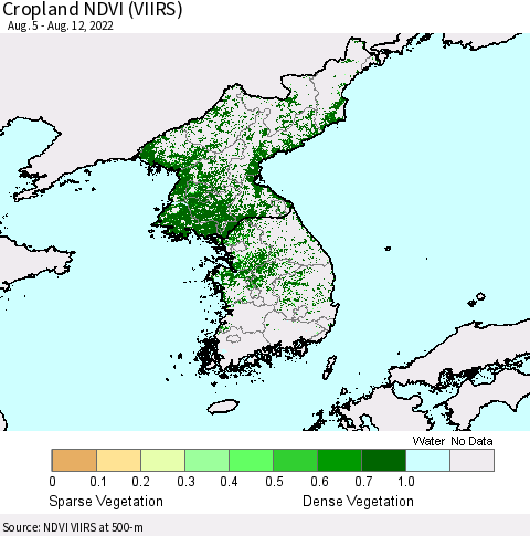 Korea Cropland NDVI (VIIRS) Thematic Map For 8/5/2022 - 8/12/2022