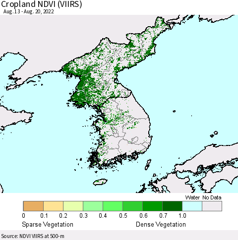 Korea Cropland NDVI (VIIRS) Thematic Map For 8/11/2022 - 8/20/2022