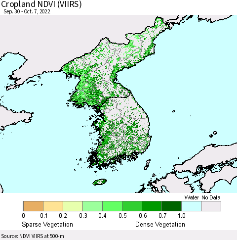 Korea Cropland NDVI (VIIRS) Thematic Map For 9/30/2022 - 10/7/2022