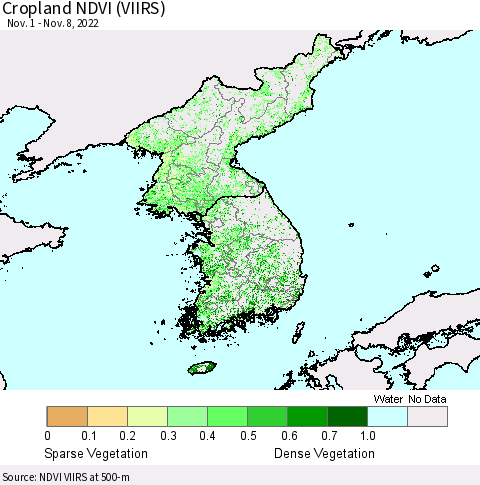 Korea Cropland NDVI (VIIRS) Thematic Map For 11/1/2022 - 11/8/2022