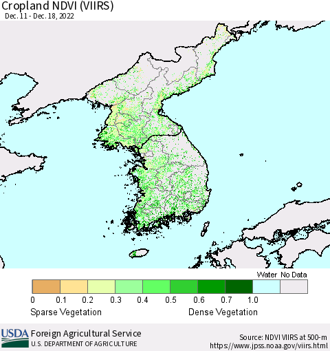 Korea Cropland NDVI (VIIRS) Thematic Map For 12/11/2022 - 12/20/2022