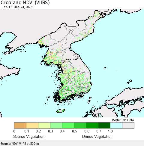 Korea Cropland NDVI (VIIRS) Thematic Map For 1/17/2023 - 1/24/2023