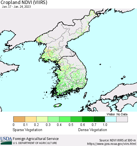 Korea Cropland NDVI (VIIRS) Thematic Map For 1/21/2023 - 1/31/2023