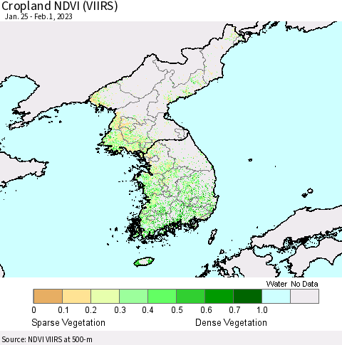 Korea Cropland NDVI (VIIRS) Thematic Map For 1/25/2023 - 2/1/2023
