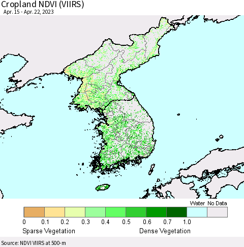Korea Cropland NDVI (VIIRS) Thematic Map For 4/15/2023 - 4/22/2023