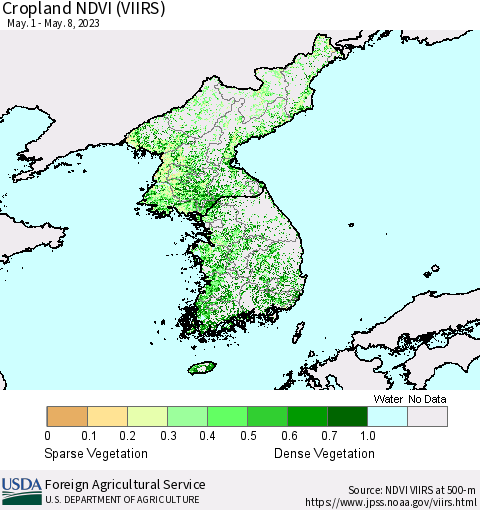 Korea Cropland NDVI (VIIRS) Thematic Map For 5/1/2023 - 5/10/2023