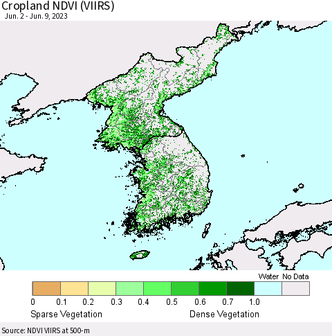 Korea Cropland NDVI (VIIRS) Thematic Map For 6/2/2023 - 6/9/2023