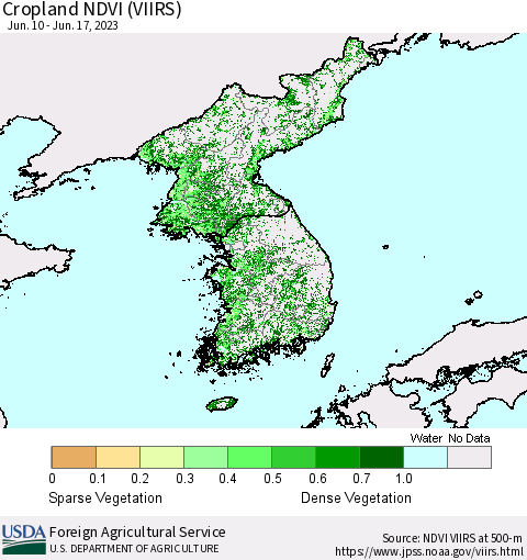 Korea Cropland NDVI (VIIRS) Thematic Map For 6/11/2023 - 6/20/2023