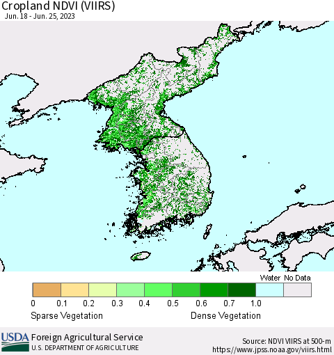 Korea Cropland NDVI (VIIRS) Thematic Map For 6/21/2023 - 6/30/2023