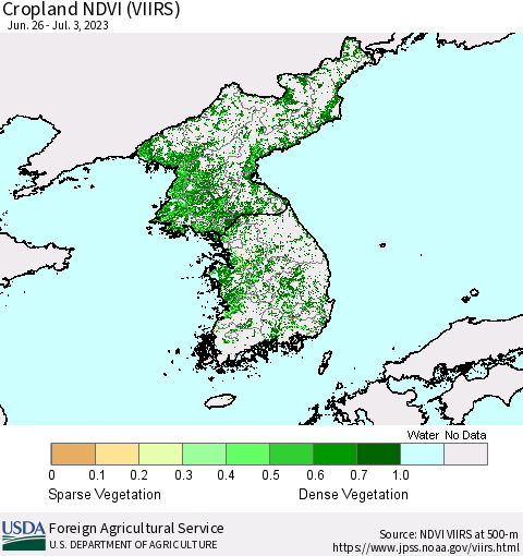 Korea Cropland NDVI (VIIRS) Thematic Map For 7/1/2023 - 7/10/2023