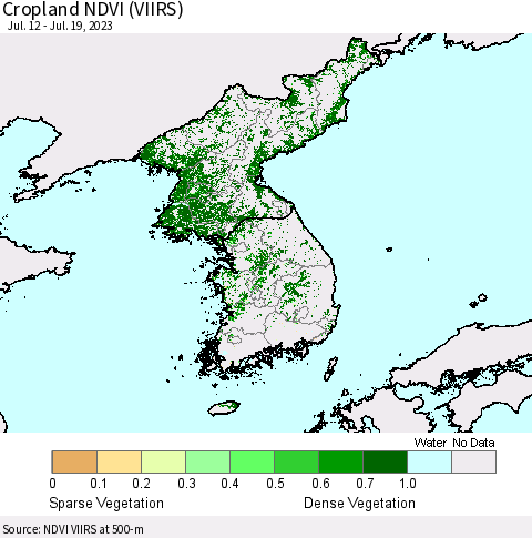 Korea Cropland NDVI (VIIRS) Thematic Map For 7/12/2023 - 7/19/2023