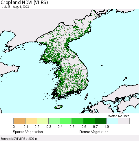 Korea Cropland NDVI (VIIRS) Thematic Map For 7/28/2023 - 8/4/2023