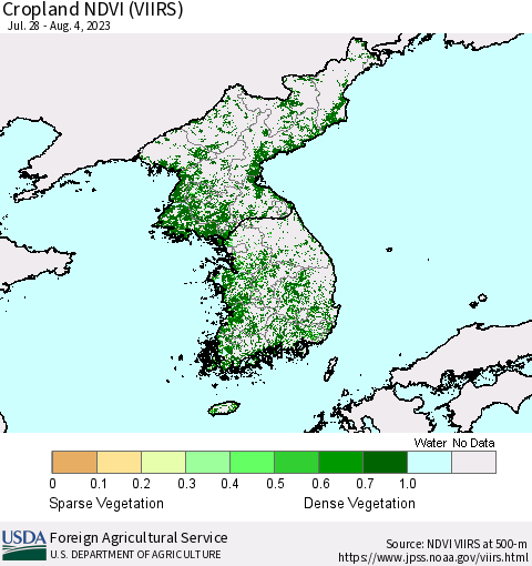 Korea Cropland NDVI (VIIRS) Thematic Map For 8/1/2023 - 8/10/2023
