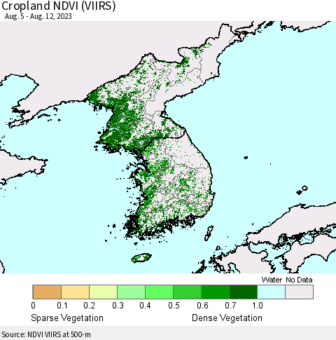 Korea Cropland NDVI (VIIRS) Thematic Map For 8/5/2023 - 8/12/2023