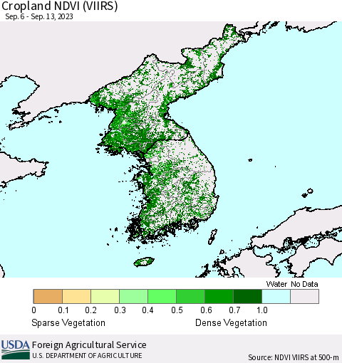 Korea Cropland NDVI (VIIRS) Thematic Map For 9/11/2023 - 9/20/2023