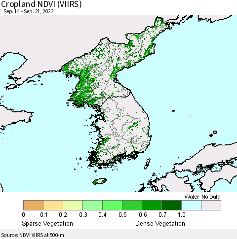 Korea Cropland NDVI (VIIRS) Thematic Map For 9/14/2023 - 9/21/2023