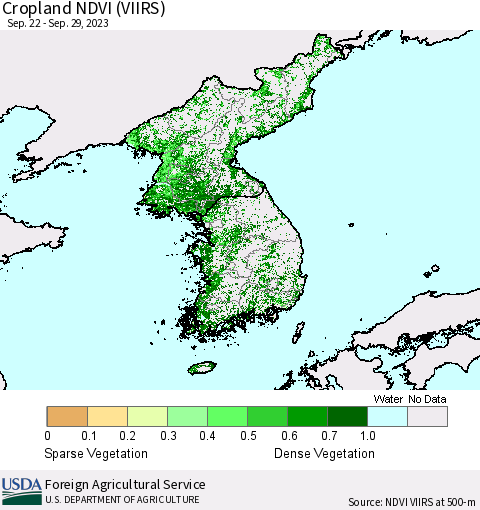 Korea Cropland NDVI (VIIRS) Thematic Map For 9/21/2023 - 9/30/2023