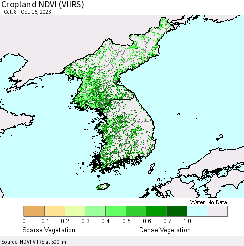Korea Cropland NDVI (VIIRS) Thematic Map For 10/8/2023 - 10/15/2023