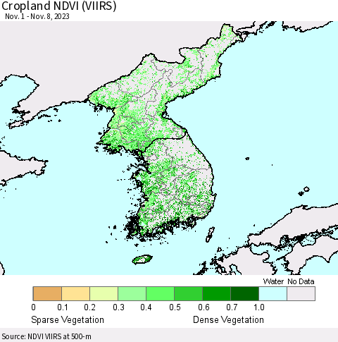 Korea Cropland NDVI (VIIRS) Thematic Map For 11/1/2023 - 11/8/2023