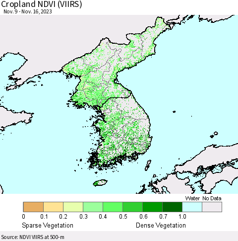 Korea Cropland NDVI (VIIRS) Thematic Map For 11/9/2023 - 11/16/2023