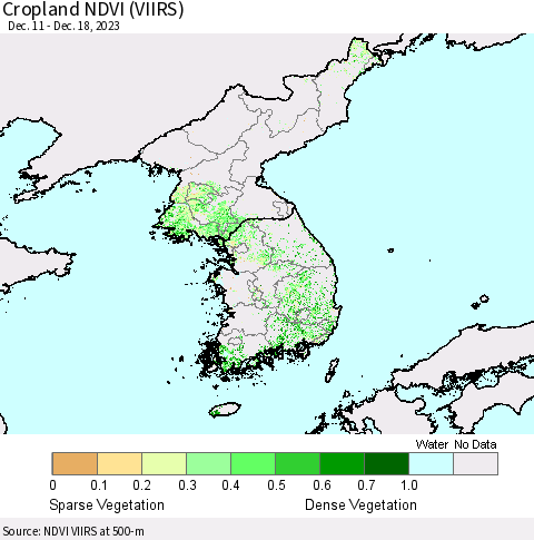 Korea Cropland NDVI (VIIRS) Thematic Map For 12/11/2023 - 12/18/2023