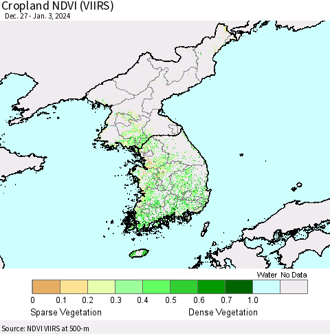 Korea Cropland NDVI (VIIRS) Thematic Map For 12/27/2023 - 1/3/2024