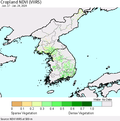 Korea Cropland NDVI (VIIRS) Thematic Map For 1/17/2024 - 1/24/2024