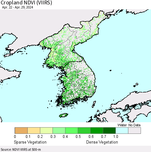 Korea Cropland NDVI (VIIRS) Thematic Map For 4/22/2024 - 4/29/2024