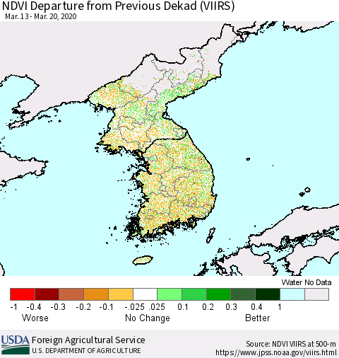Korea NDVI Departure from Previous Dekad (VIIRS) Thematic Map For 3/11/2020 - 3/20/2020
