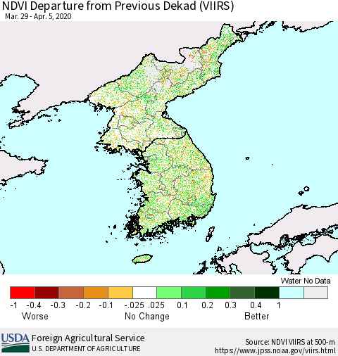 Korea NDVI Departure from Previous Dekad (VIIRS) Thematic Map For 4/1/2020 - 4/10/2020