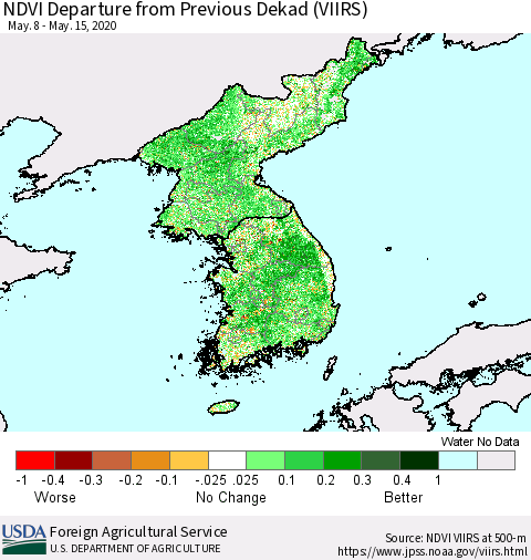 Korea NDVI Departure from Previous Dekad (VIIRS) Thematic Map For 5/11/2020 - 5/20/2020