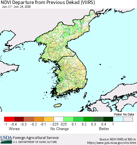 Korea NDVI Departure from Previous Dekad (VIIRS) Thematic Map For 6/21/2020 - 6/30/2020