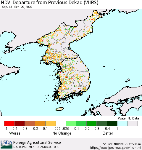 Korea NDVI Departure from Previous Dekad (VIIRS) Thematic Map For 9/11/2020 - 9/20/2020